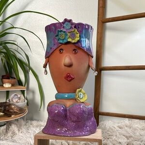 Bird Brain Art Pottery Woman Terra Cotta Planter 2004 Quirky Fun Colorful Decor